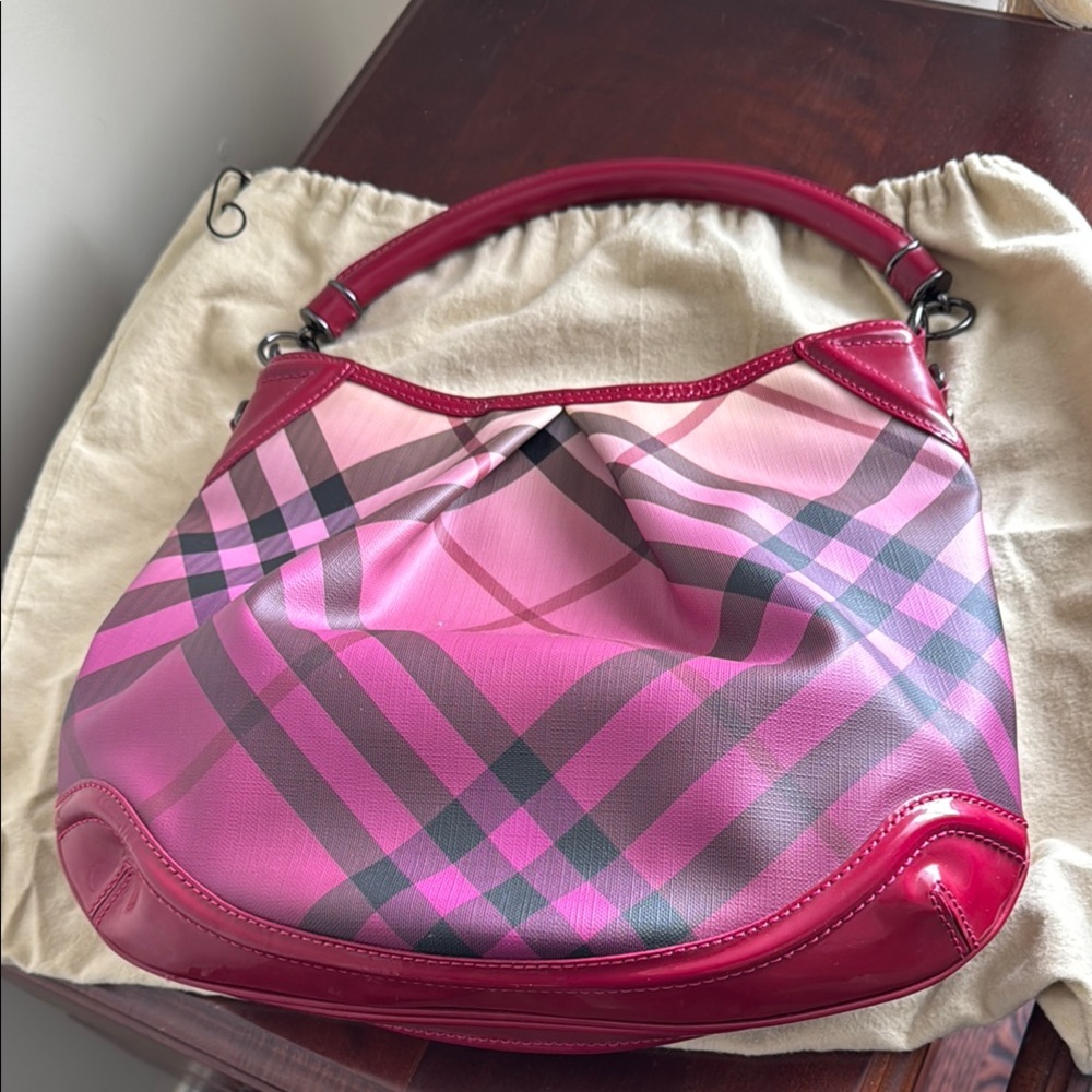 Burberry Pink Shoulder Bag with Glossy Plaid Design